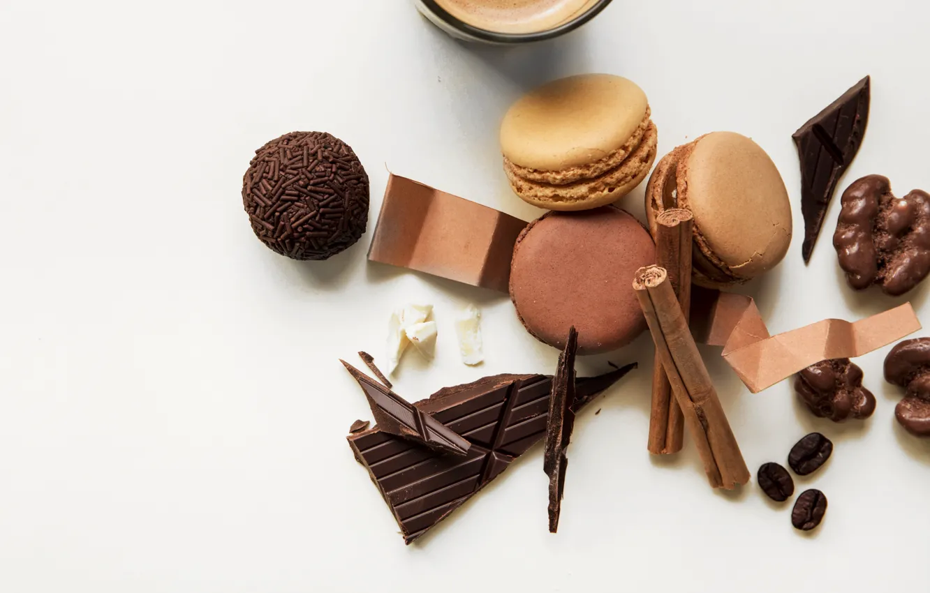 Photo wallpaper coffee, chocolate, dessert, chocolate, macaroons
