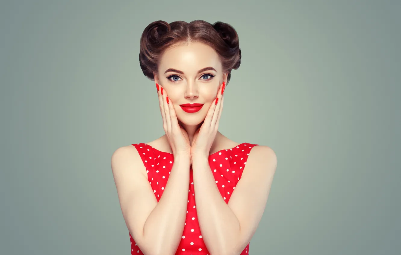 Photo wallpaper girl, red, face, style, retro, model, hands, makeup