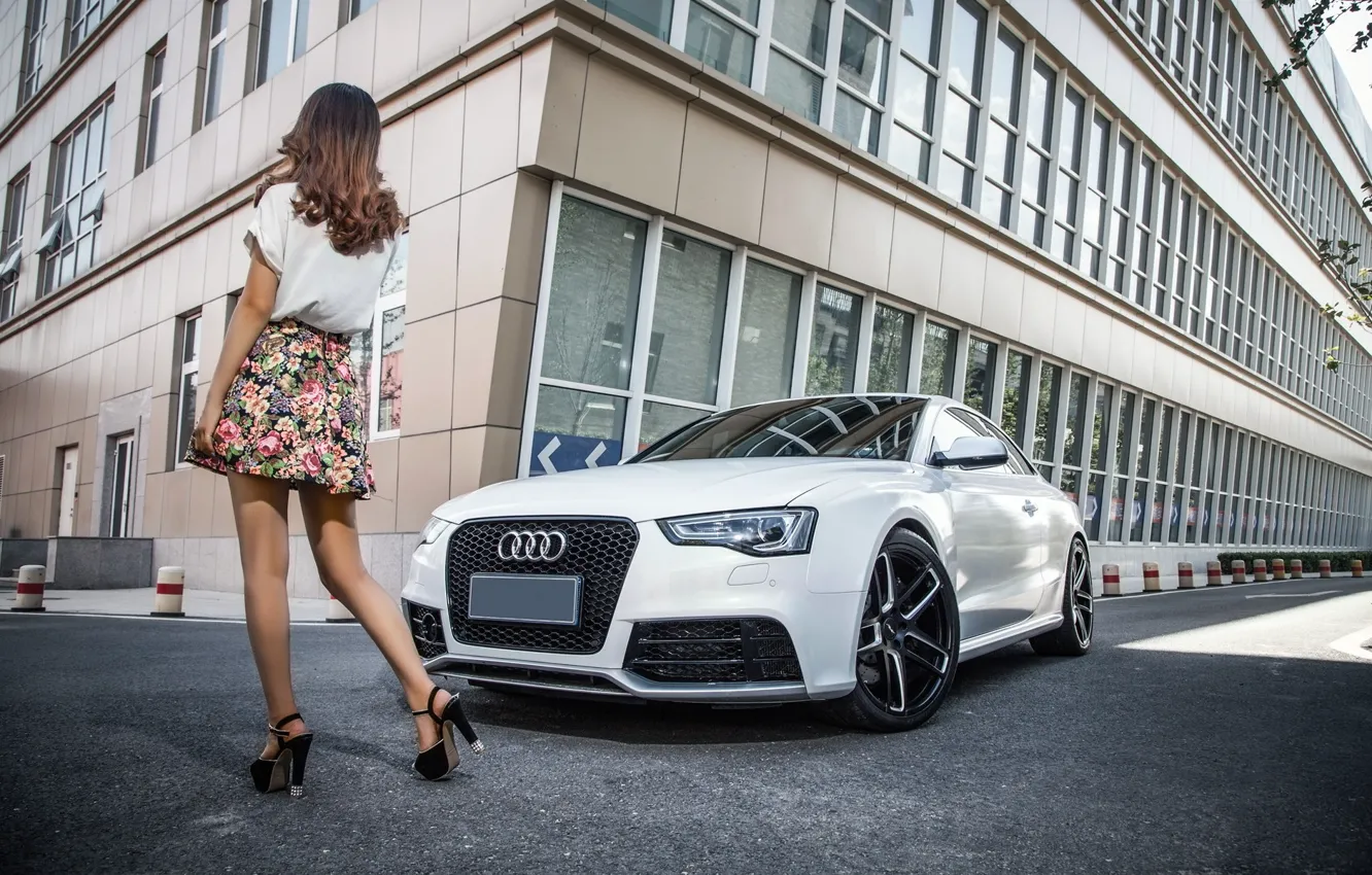 Photo wallpaper girl, Audi, Asian, beautiful girl, white car
