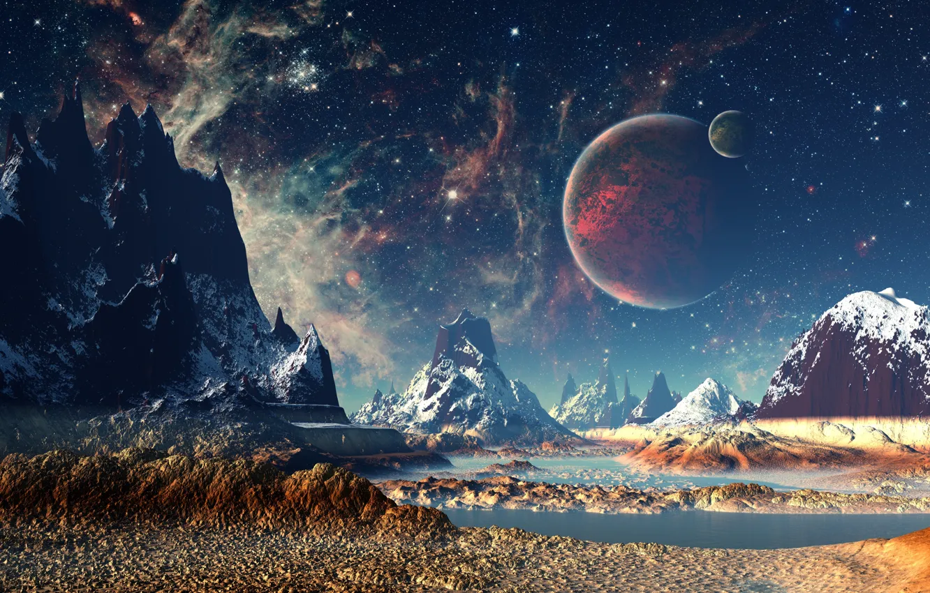 Photo wallpaper mountains, night, planet, stars, dreamworld