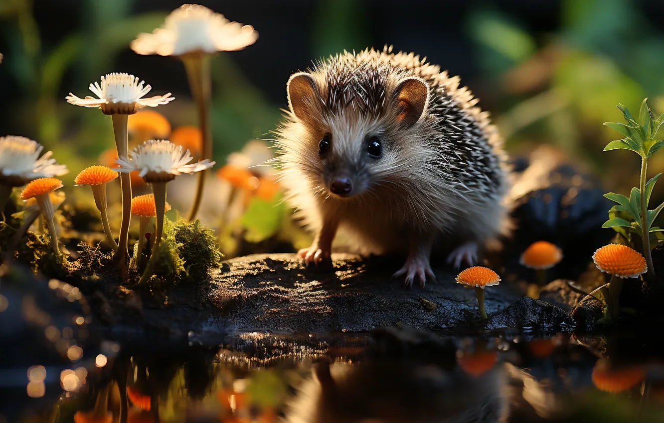 Photo wallpaper water, flowers, face, hedgehog, digital art, AI art, The Art of Artificial Intelligence, neural network