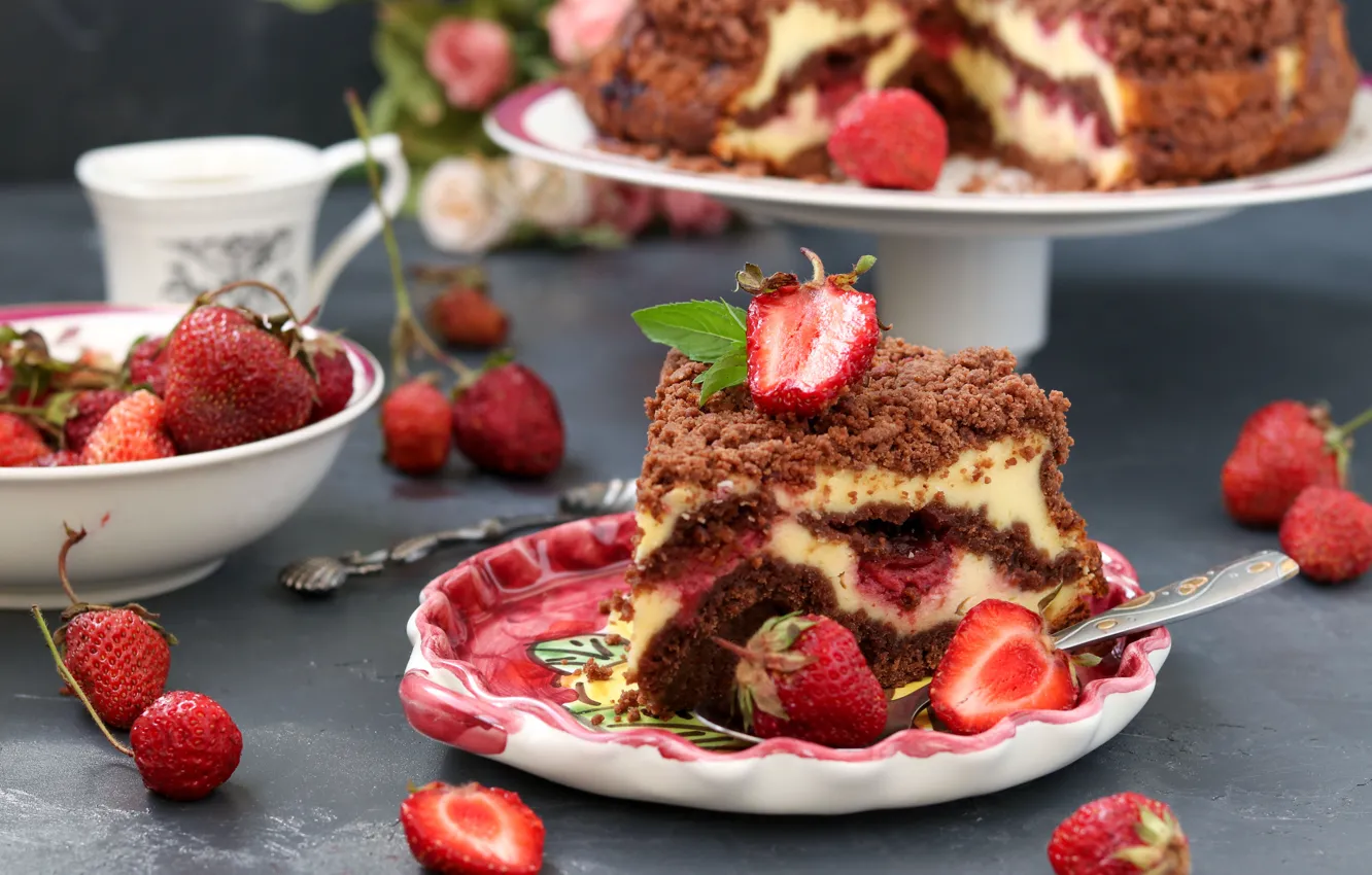 Photo wallpaper berries, strawberry, cake, cream, dessert, chocolate