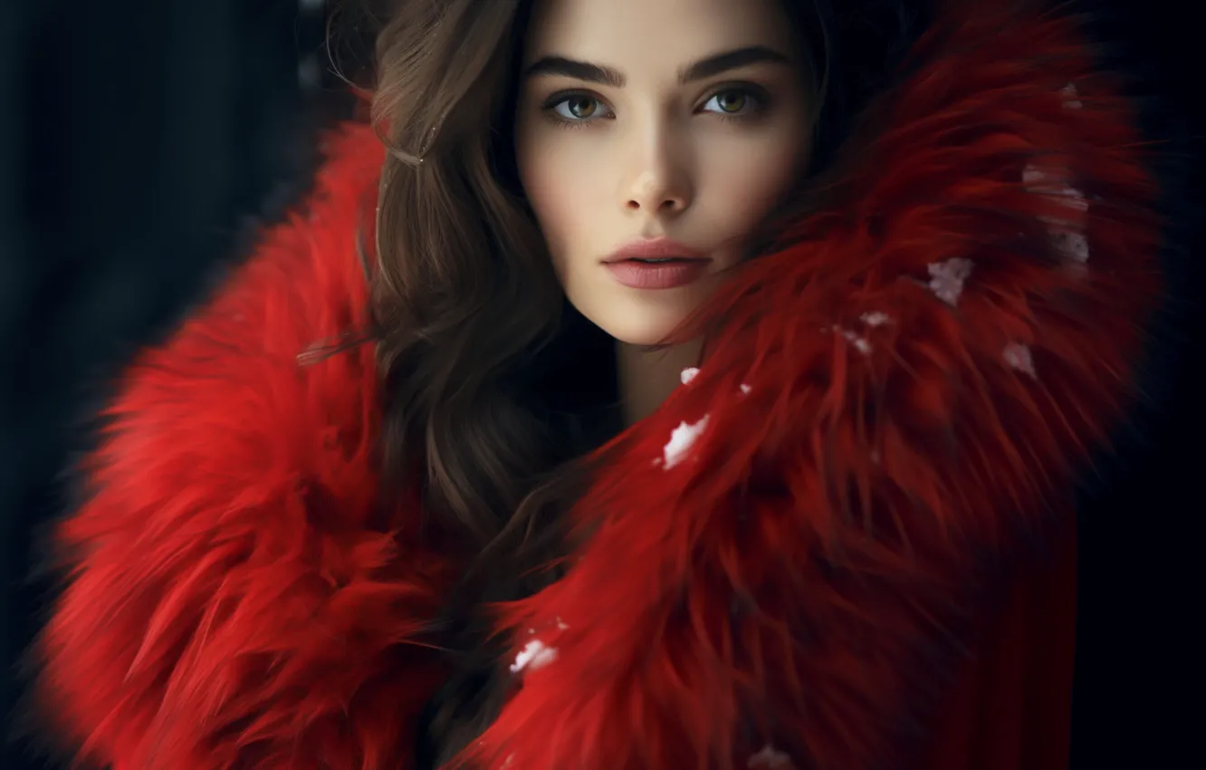 Photo wallpaper winter, look, girl, snow, face, the dark background, portrait, collar