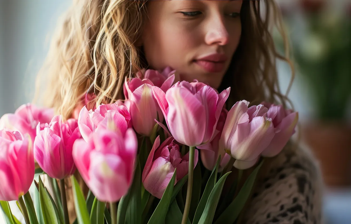 Photo wallpaper look, girl, flowers, face, holiday, portrait, bouquet, spring