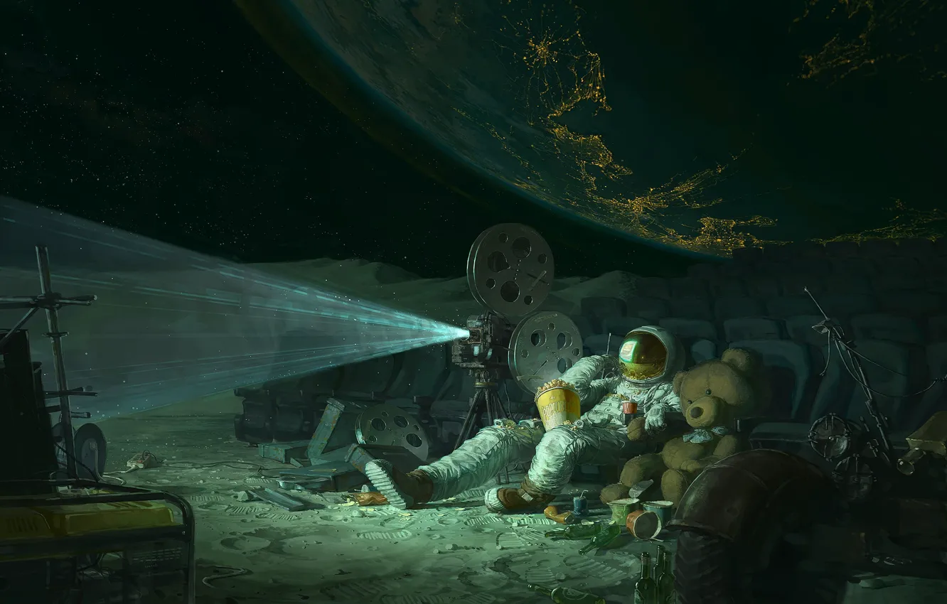 Photo wallpaper space, fantasy, toy, planet, humor, astronaut, bear, NASA