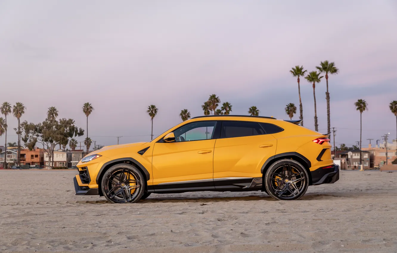 Photo wallpaper beach, sunset, the evening, Lamborghini, side view, Vorsteiner, crossover, Urus
