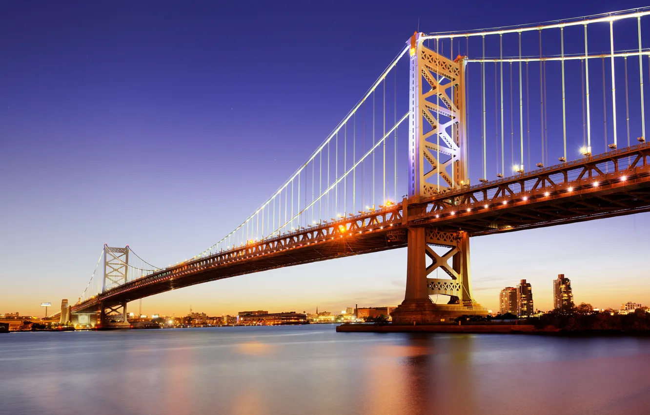 Photo wallpaper night, lights, support, Philadelphia, the Delaware river, the Benjamin-Franklin-bridge