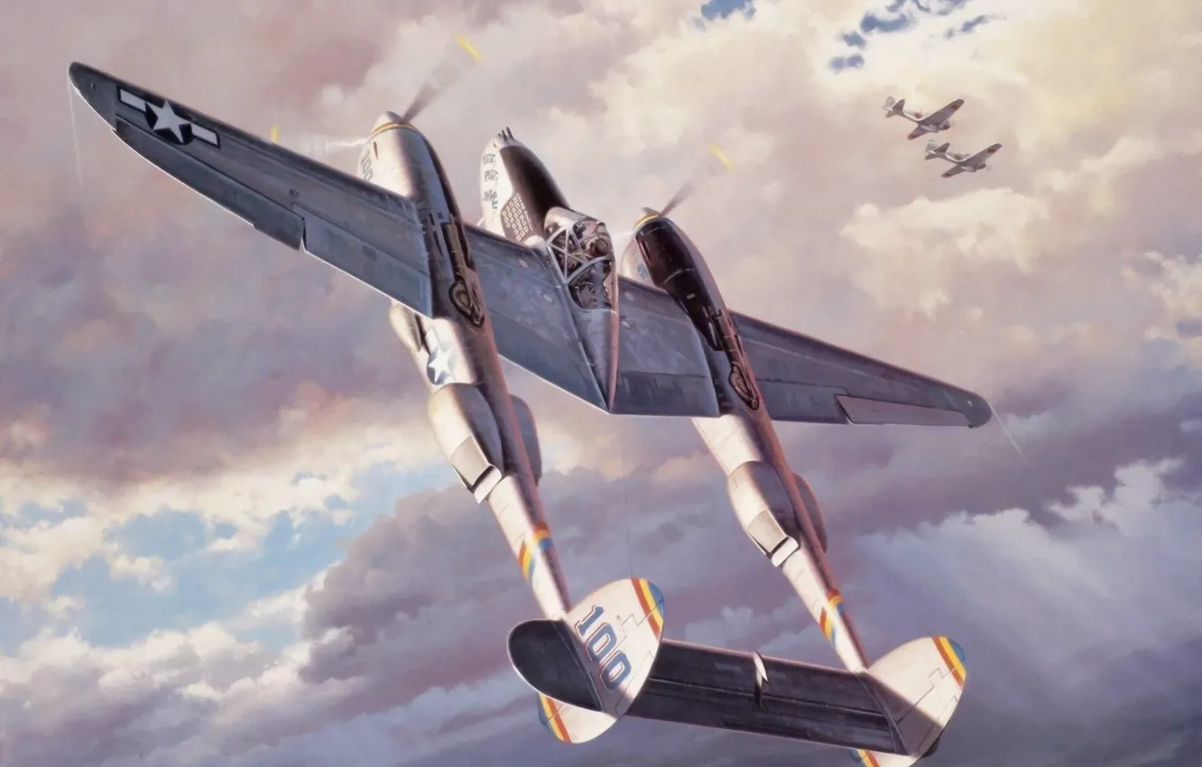 Photo wallpaper fighter, war, art, airplane, painting, aviation, ww2, p 38 lightning