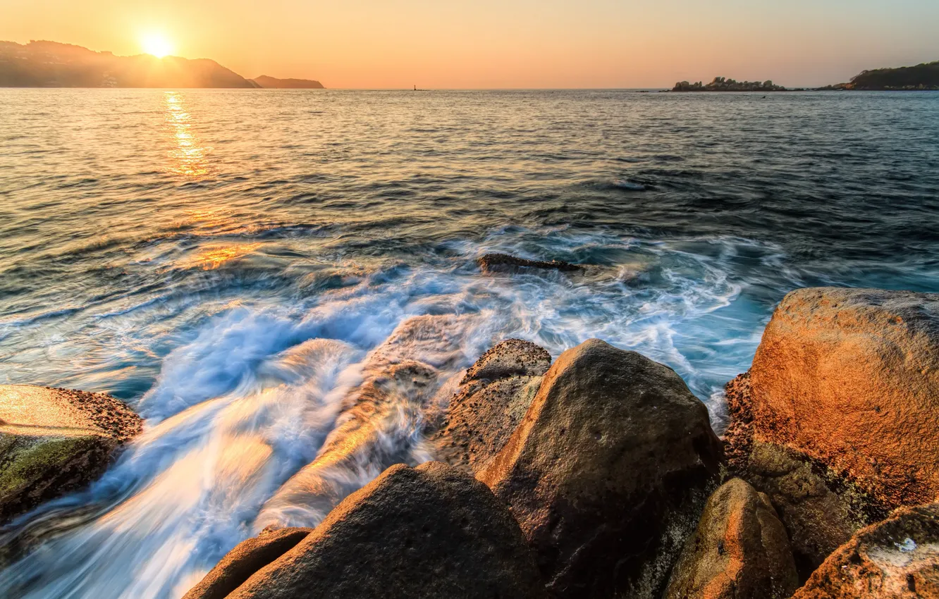 Photo wallpaper water, the sun, landscape, sunset, mountains, stones, Mexico, Acapulco