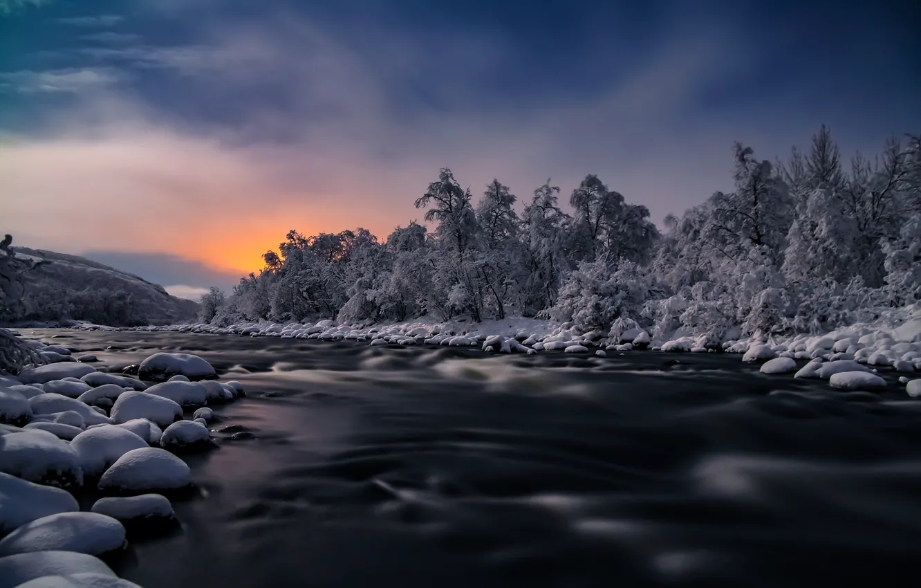 Photo wallpaper winter, sunset, river