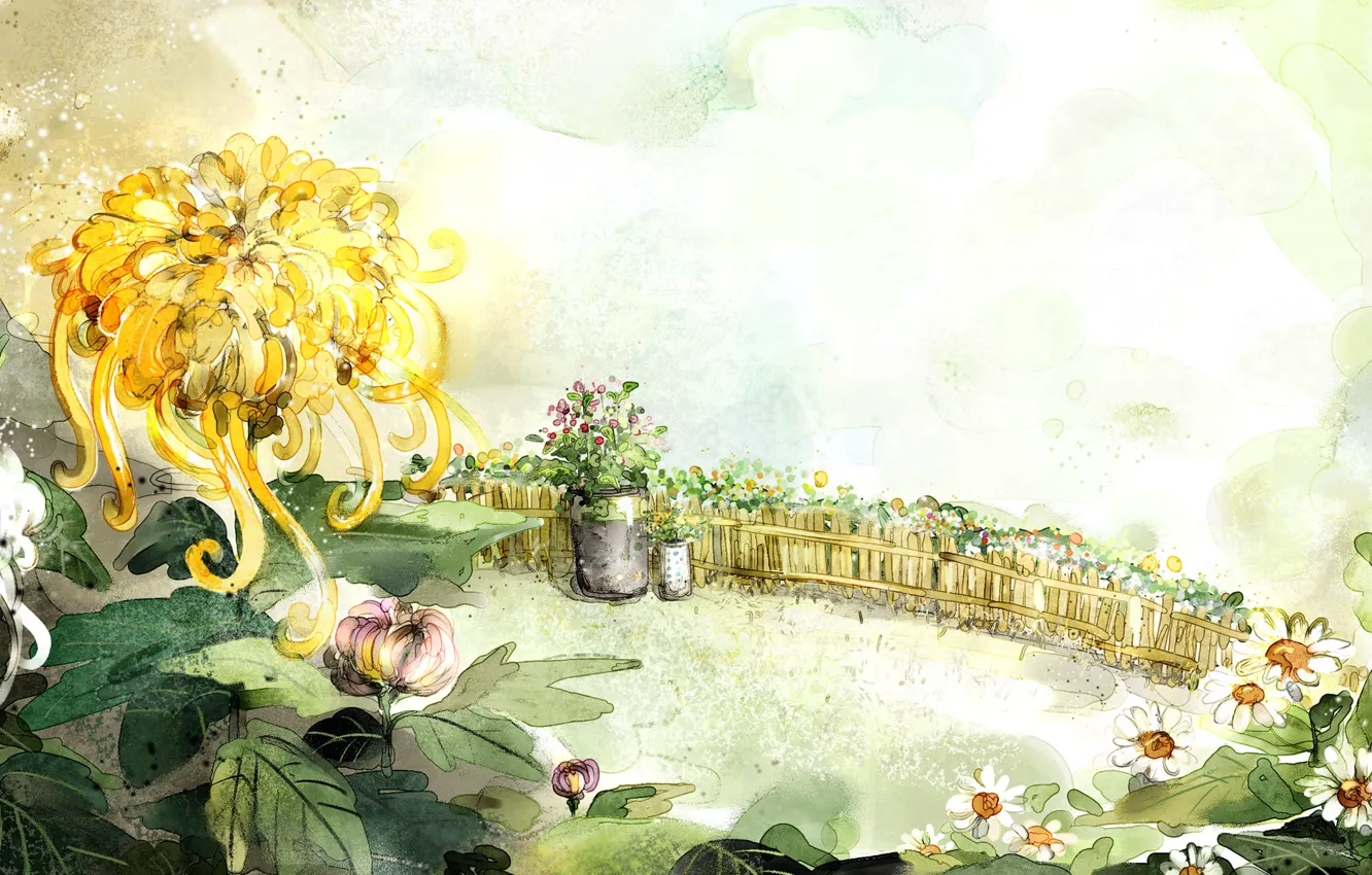 Photo wallpaper flowers, figure, the fence, chamomile, bucket, chrysanthemum