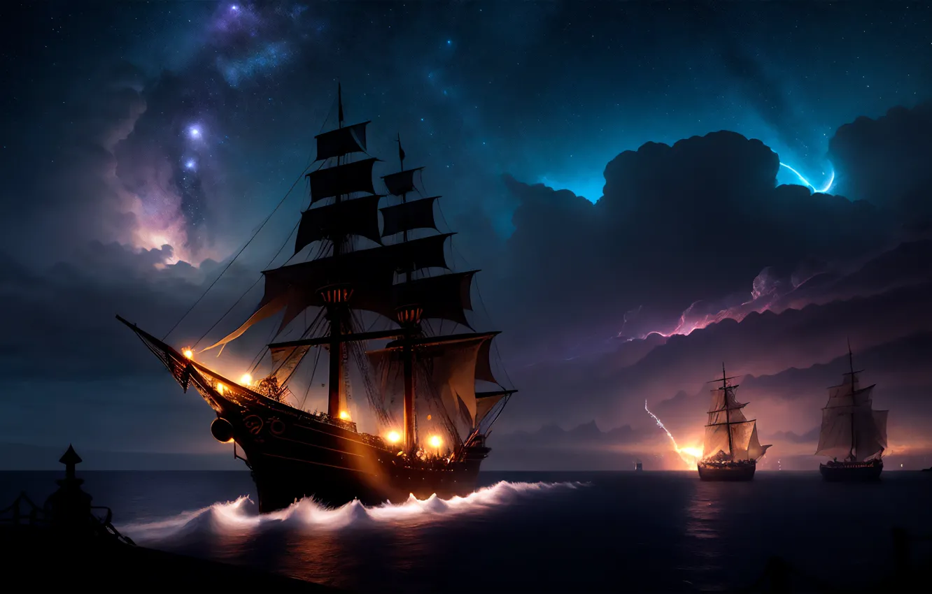 Photo wallpaper storm, night, clouds, Milky Way, ship, starry sky, AI Art