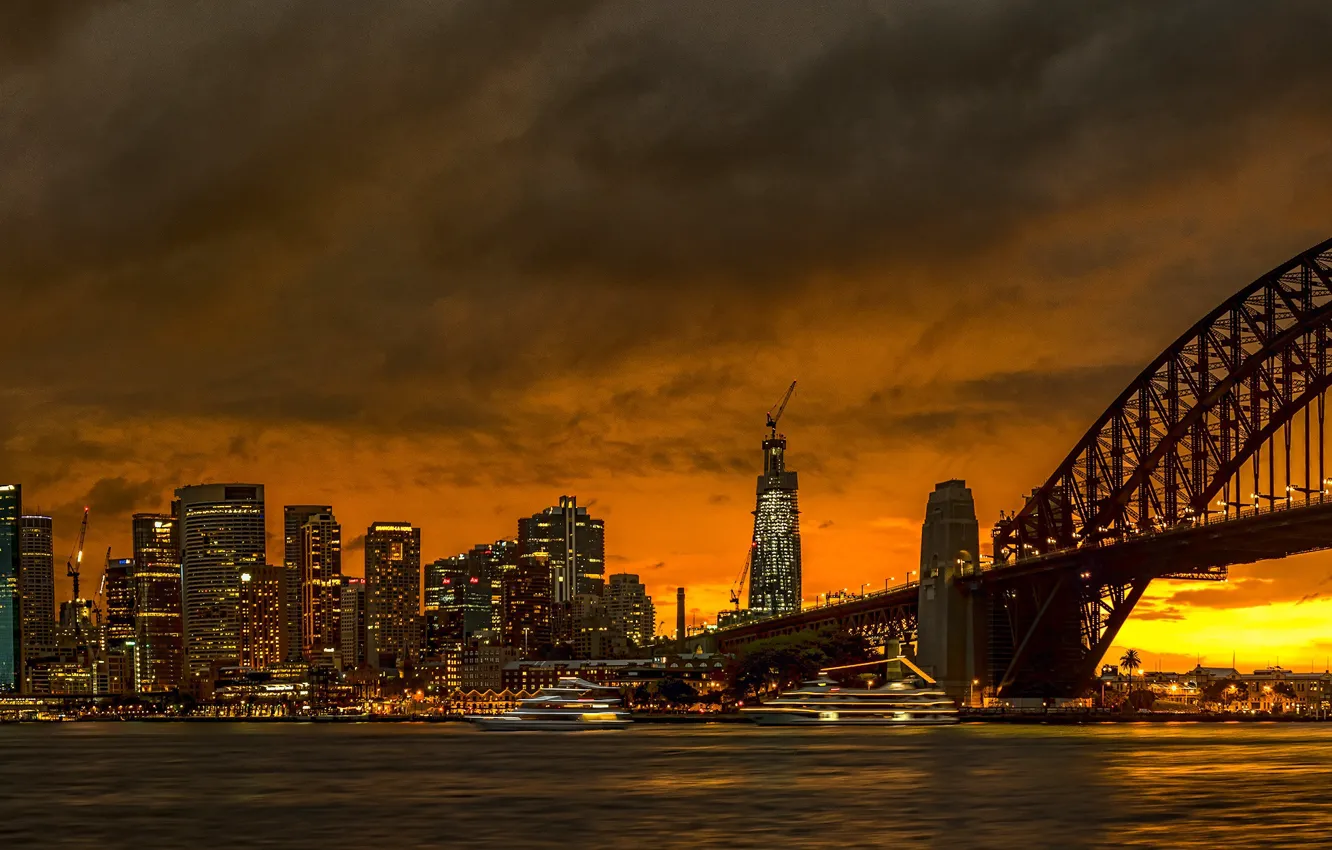 Photo wallpaper sunset, bridge, building, home, skyscrapers, Australia, panorama, Bay