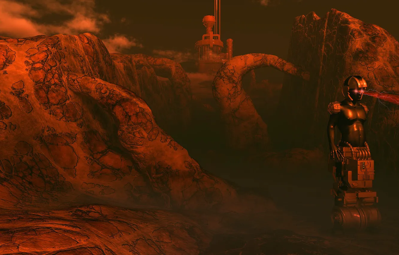 Photo wallpaper rays, rocks, robot, object, The Guard