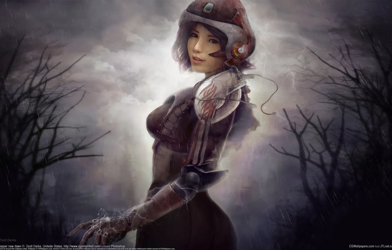 Photo wallpaper girl, rain, the suit, costume, helmet, zsolt derka, pepper new dawn