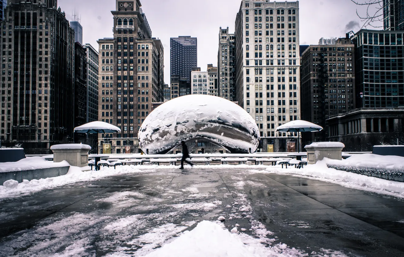 Photo wallpaper winter, snow, Park, building, America, Chicago, Chicago, USA