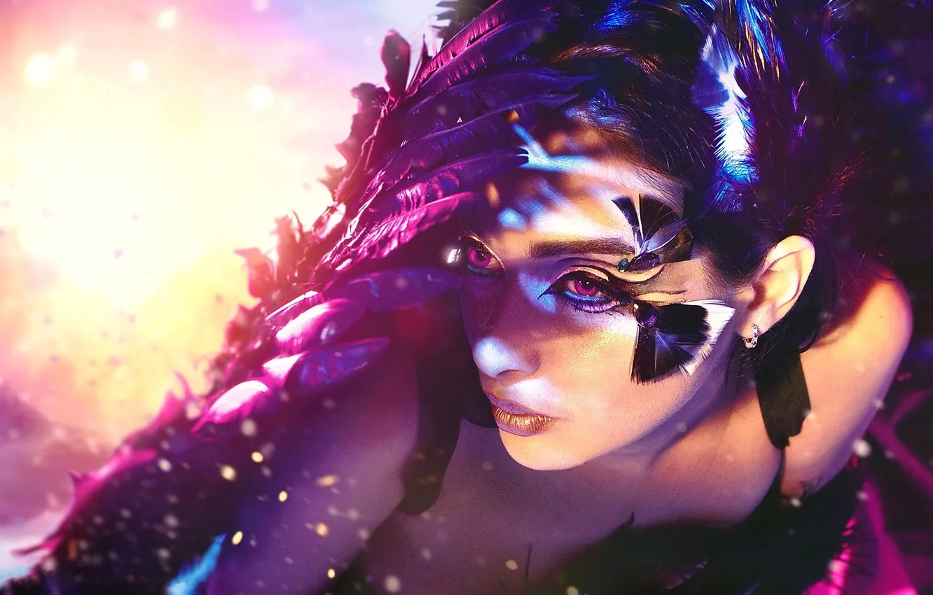 Photo wallpaper girl, feathers, makeup