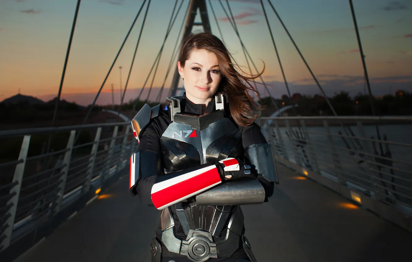 Photo wallpaper girl, sunset, armor, mass effect, shepard, cosplay