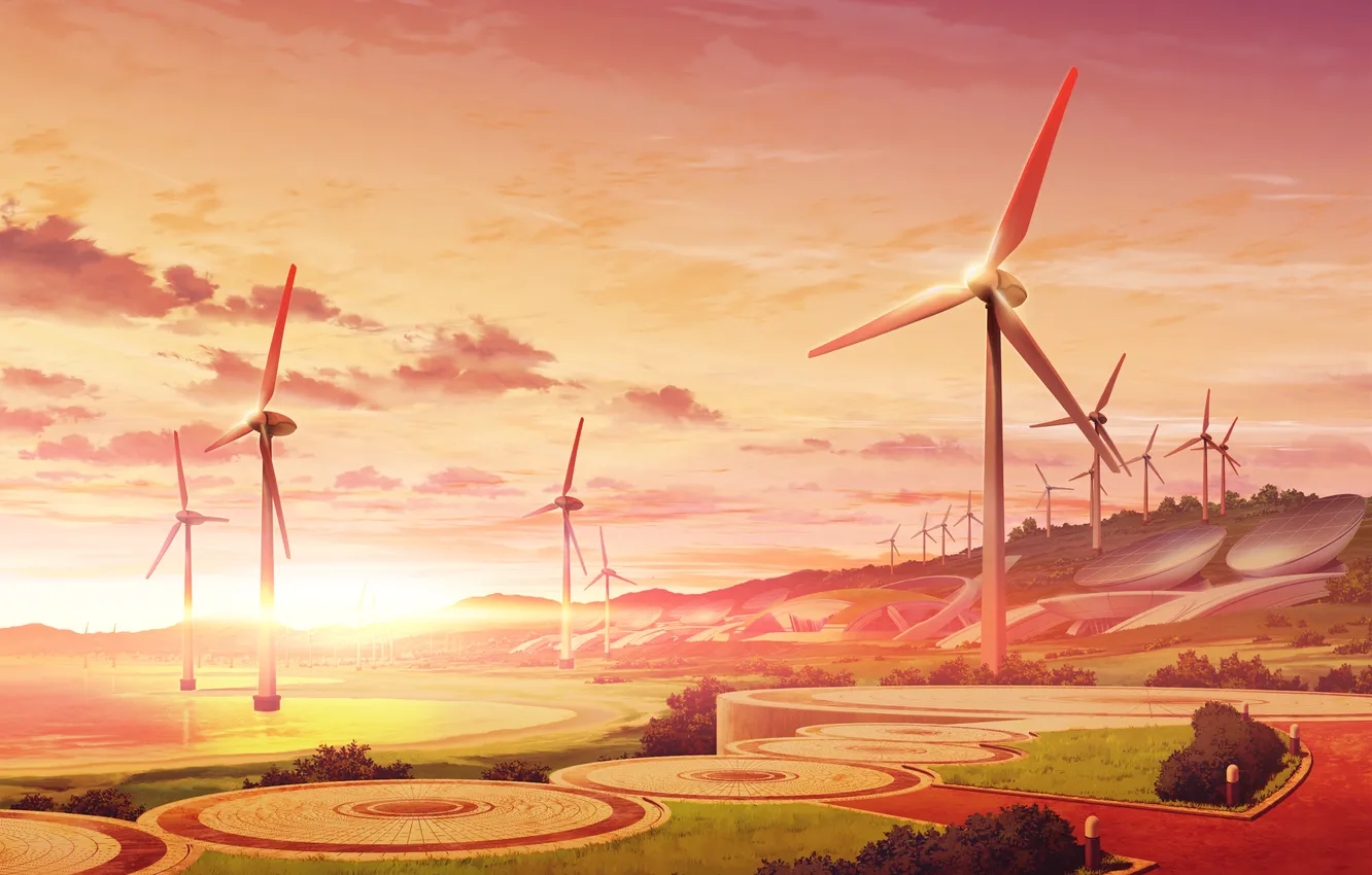 Photo wallpaper landscape, sunset, station, flowerbed, blades