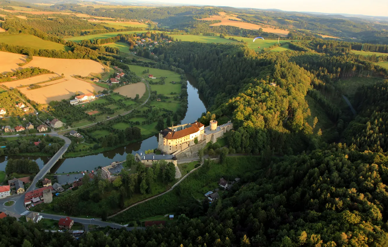 Photo wallpaper forest, mountains, bridge, nature, river, castle, home, Czech Republic