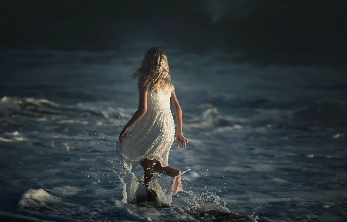 Photo wallpaper wave, squirt, girl, Dark Ocean