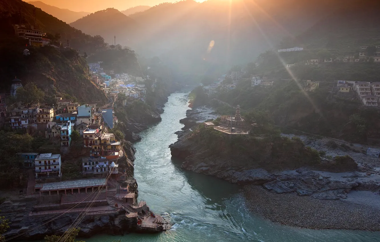Photo wallpaper mountains, the city, river, India, beginning, Ganges, Devprayag, Uttarakhand