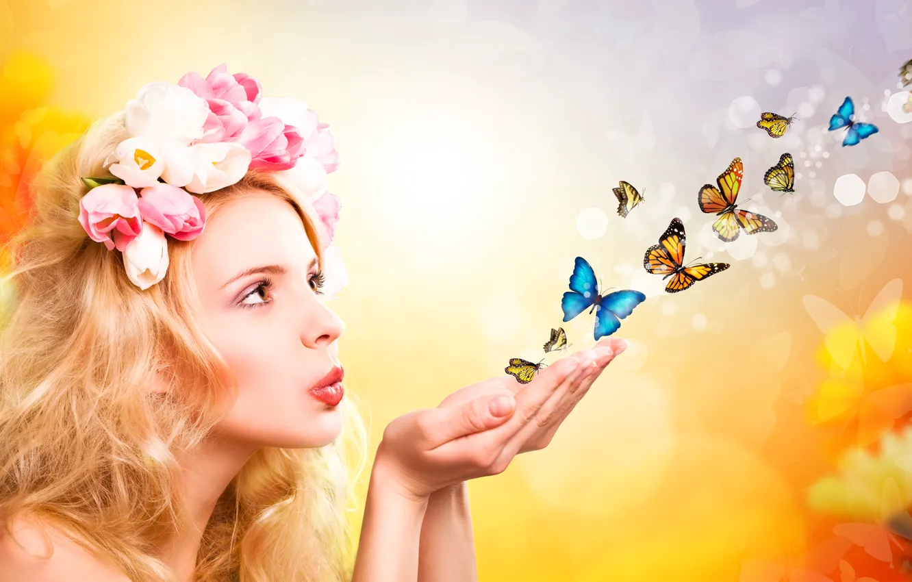 Photo wallpaper girl, butterfly, flowers, palm, fly