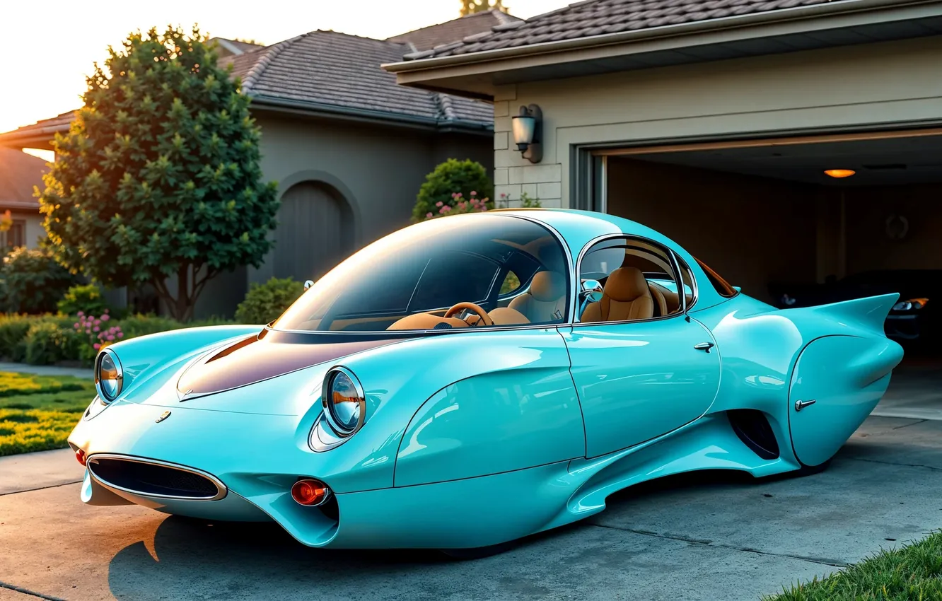 Photo wallpaper retro, blue, tuning, wings, garage, futurism