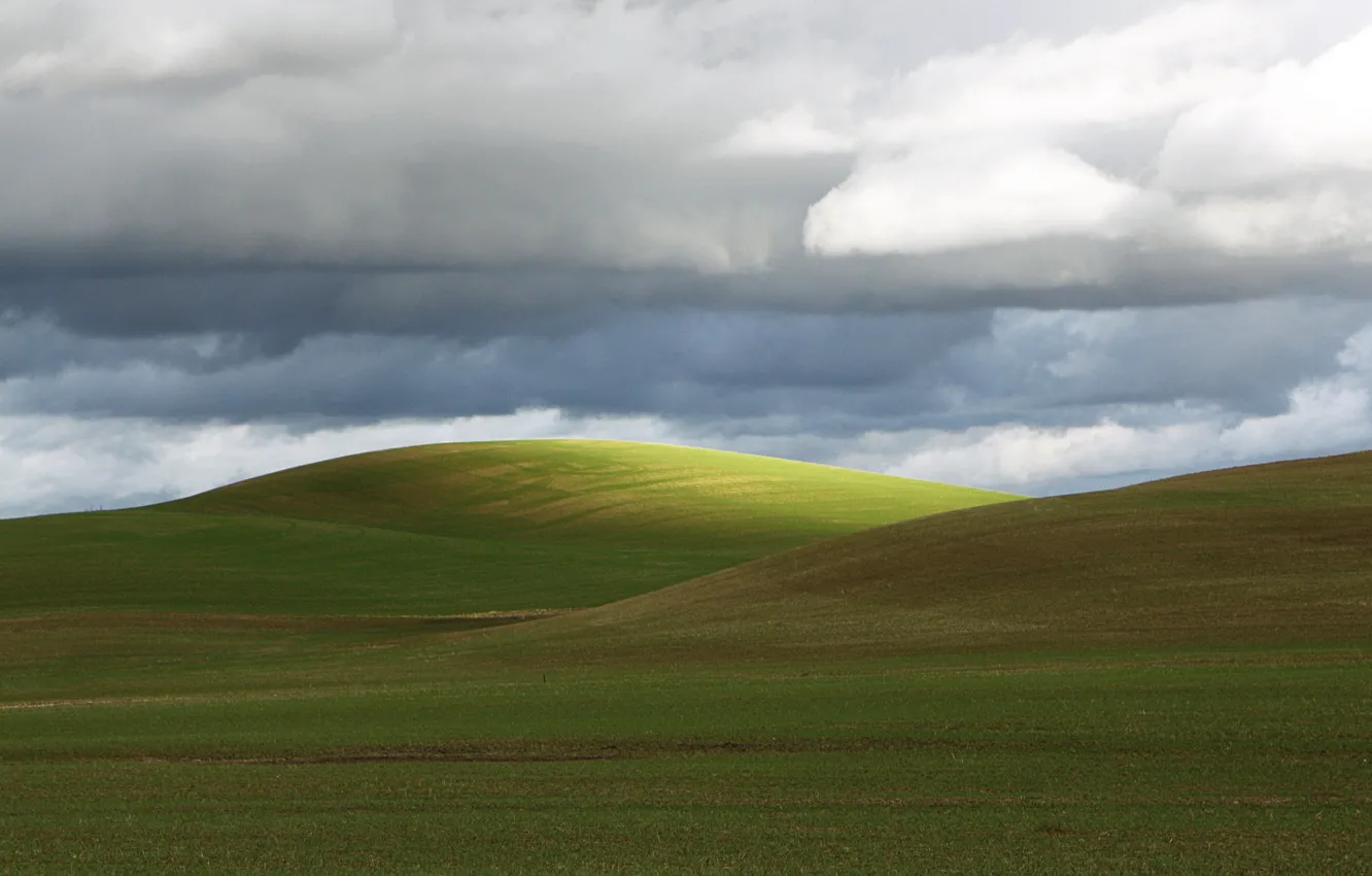 Photo wallpaper green, clouds, hills, farmland, countryside scene