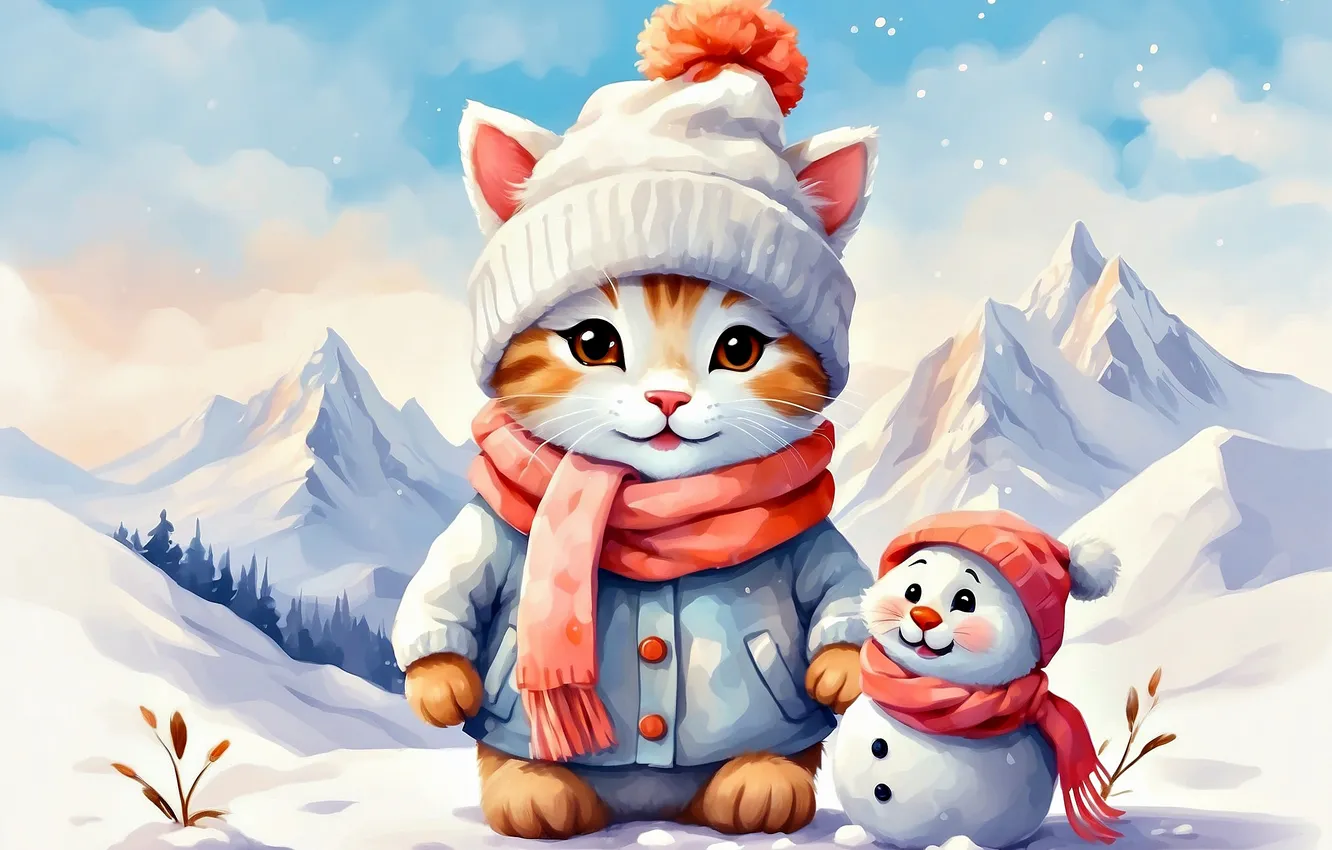 Photo wallpaper winter, cat, clouds, snow, mountains, hat, tops, new year