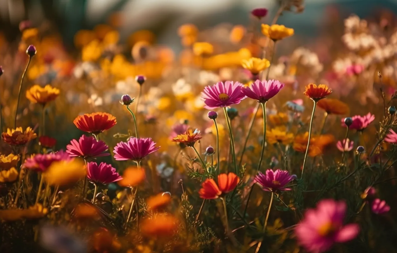 Photo wallpaper summer, light, flowers, meadow, wildflowers, cosmos, AI art, neural network