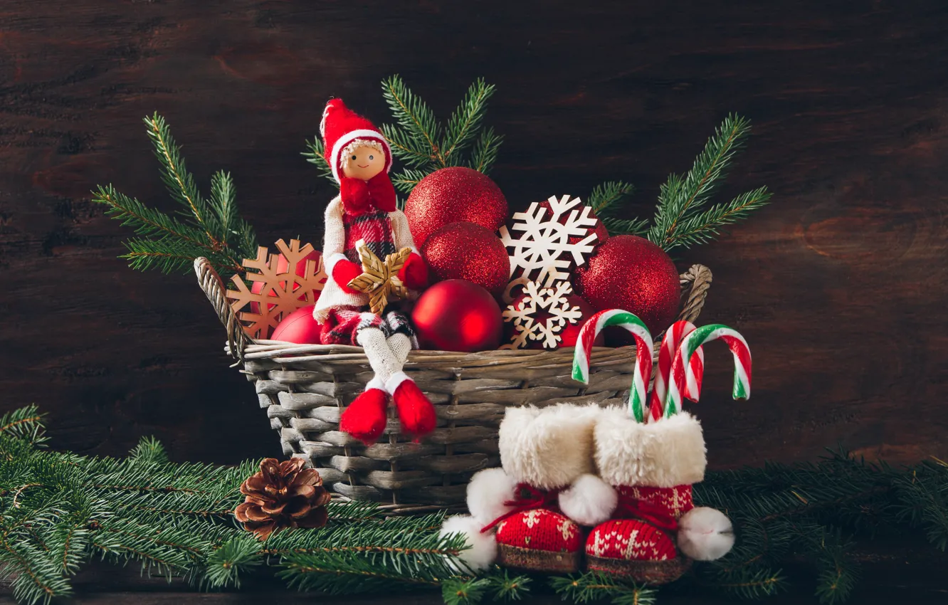 Wallpaper toys, new year, Christmas, doll, basket, composition for