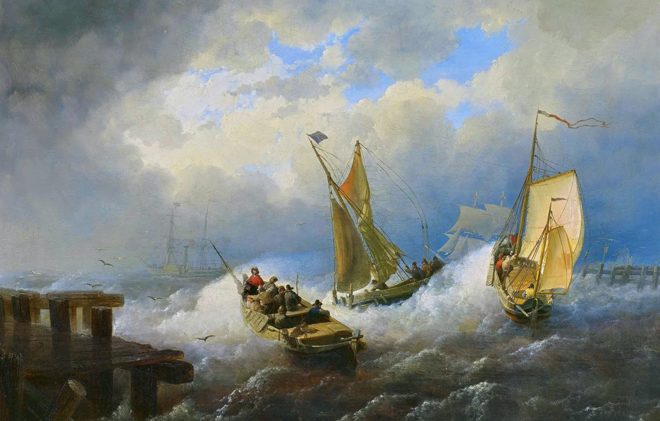 Photo wallpaper wave, clouds, storm, boat, people, picture, German landscape painter, Andreas Achenbach