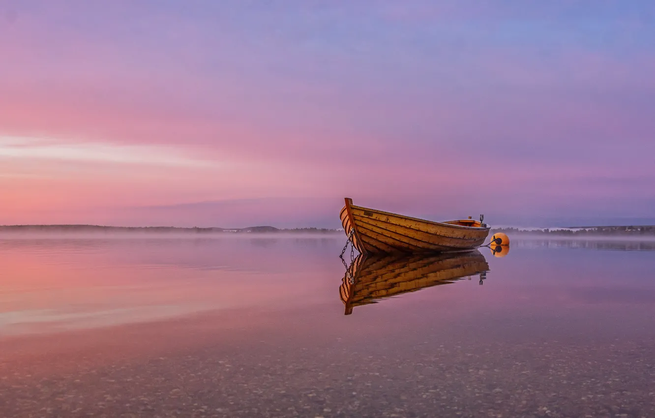 Photo wallpaper fog, lake, boat, Norway, Valdres