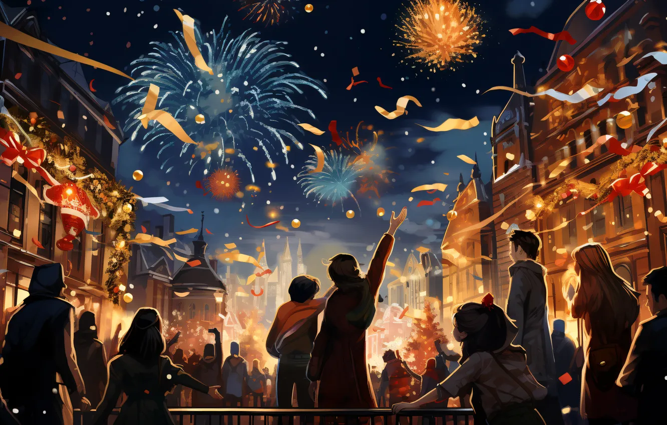 Photo wallpaper Home, Night, Salute, People, Christmas, New year, Digital art, Back