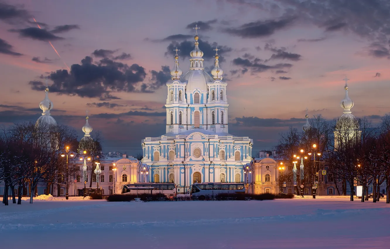 Photo wallpaper winter, snow, Saint Petersburg, Church, temple, Russia, Smolny Cathedral, Resurrection Novodevichy Smolny Monastery