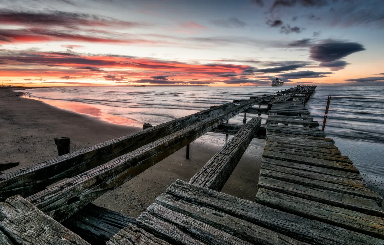 Photo wallpaper sunset, bridge, ship, sea