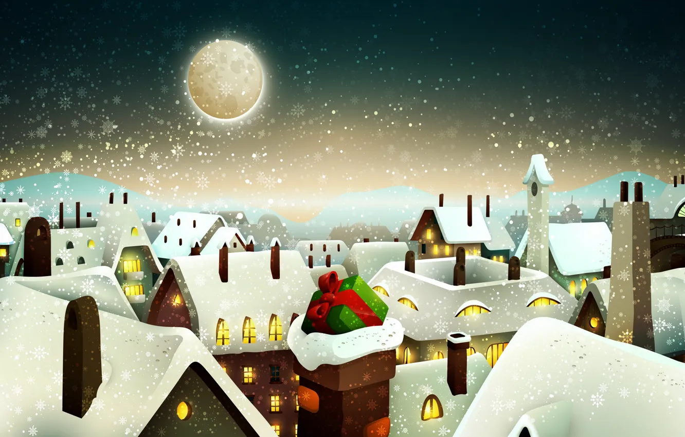 Photo wallpaper snow, the city, gift, Windows, home, Winter, The moon
