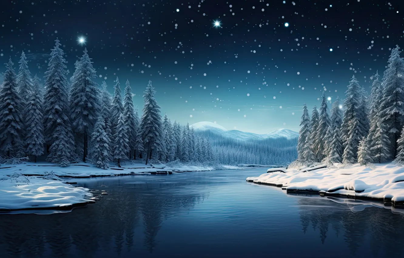 Photo wallpaper winter, forest, snow, trees, lake, tree, forest, landscape