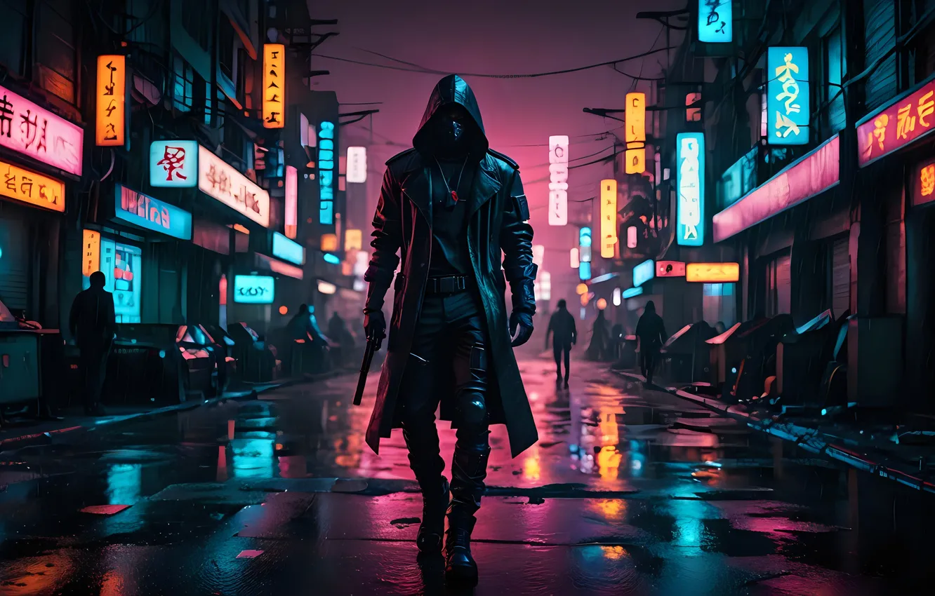 Photo wallpaper city, weapon, Neon, AI Art