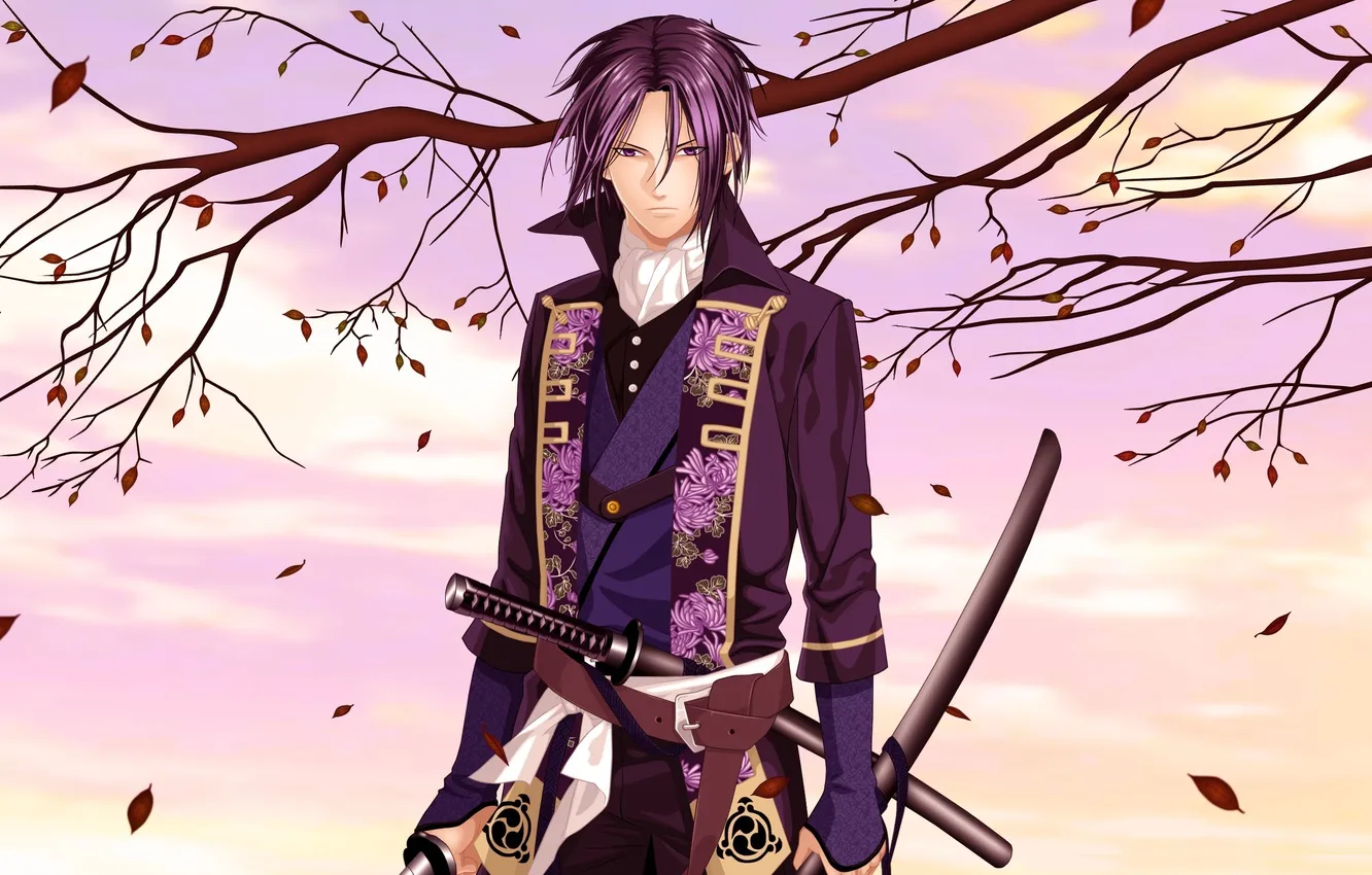 Photo wallpaper autumn, the sky, leaves, clouds, sword, anime, guy, Hakuouki