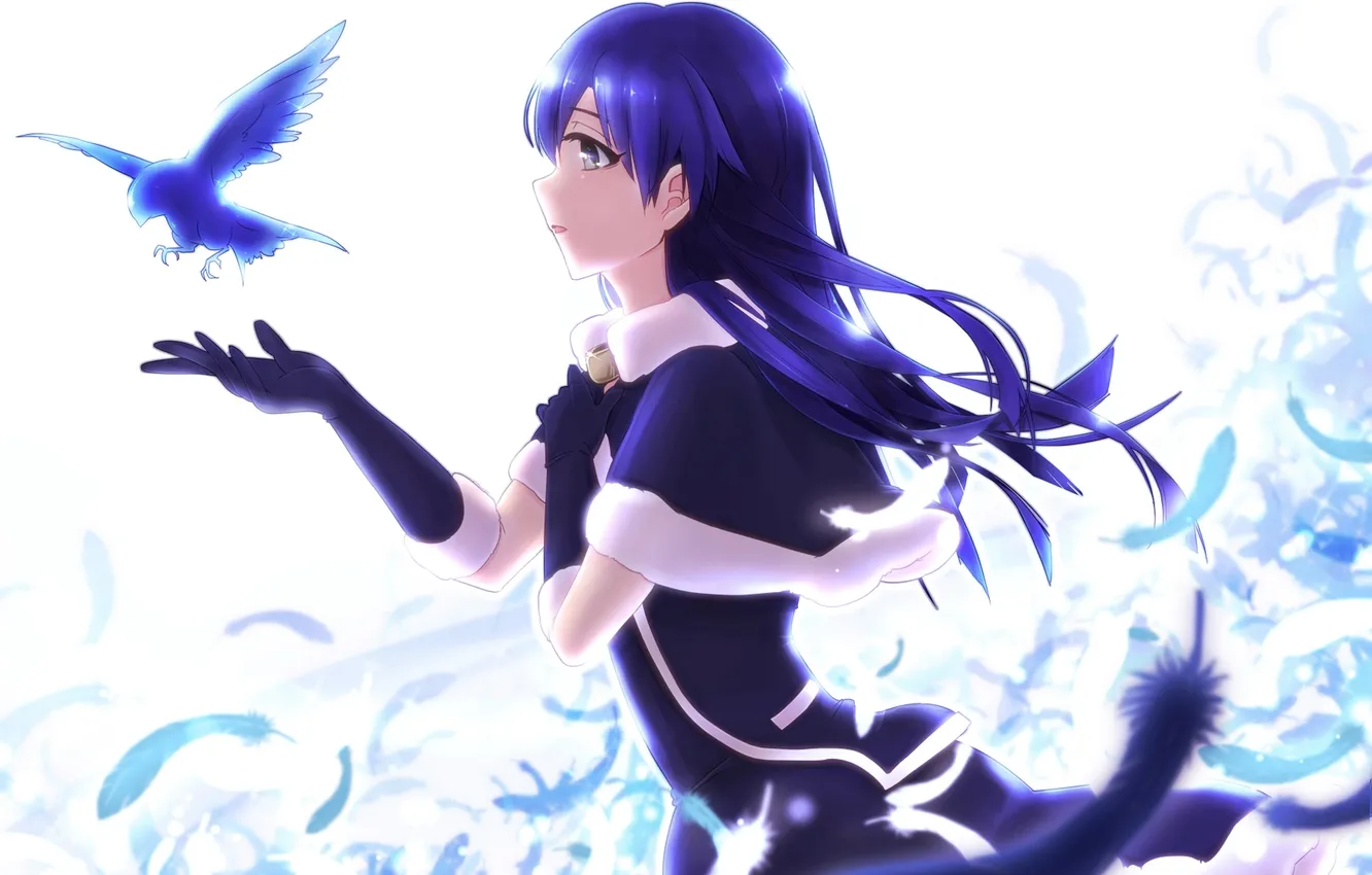 Photo wallpaper girl, bird, anime, feathers, art, idolmaster, Kisaragi Chihaya, lm ew