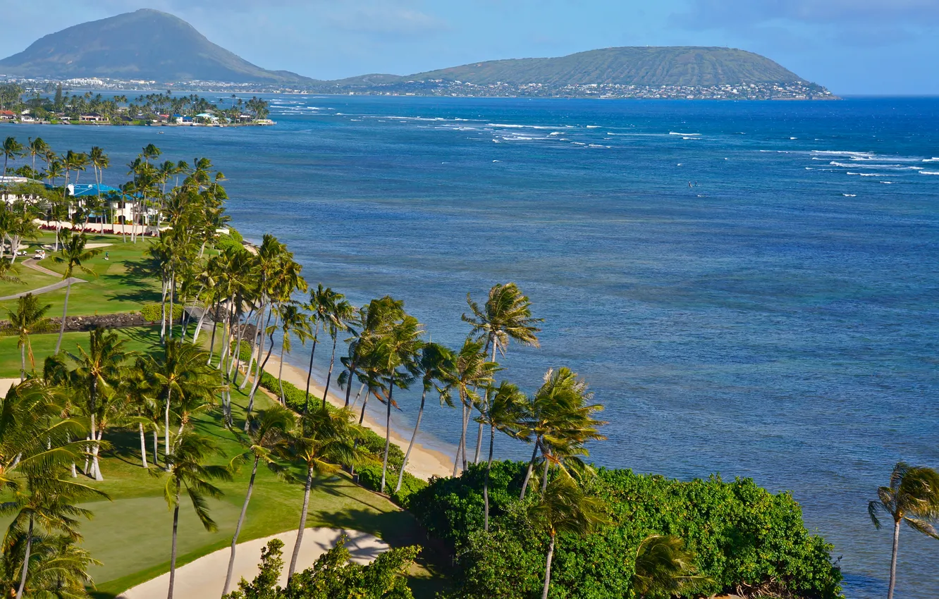 Photo wallpaper the sky, mountains, palm trees, shore, island, New Zealand