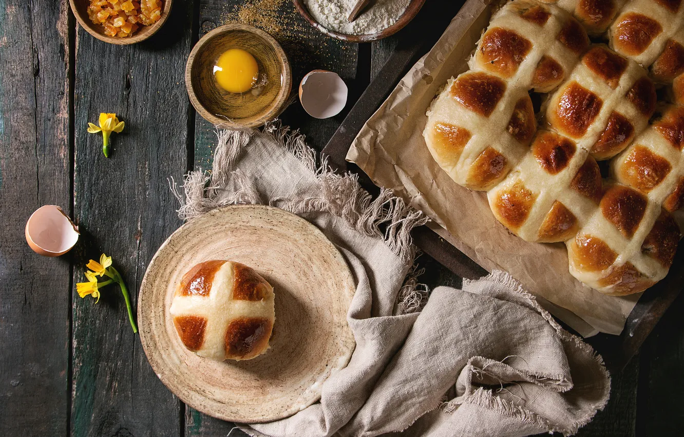 Photo wallpaper table, Board, eggs, towel, roll, buns