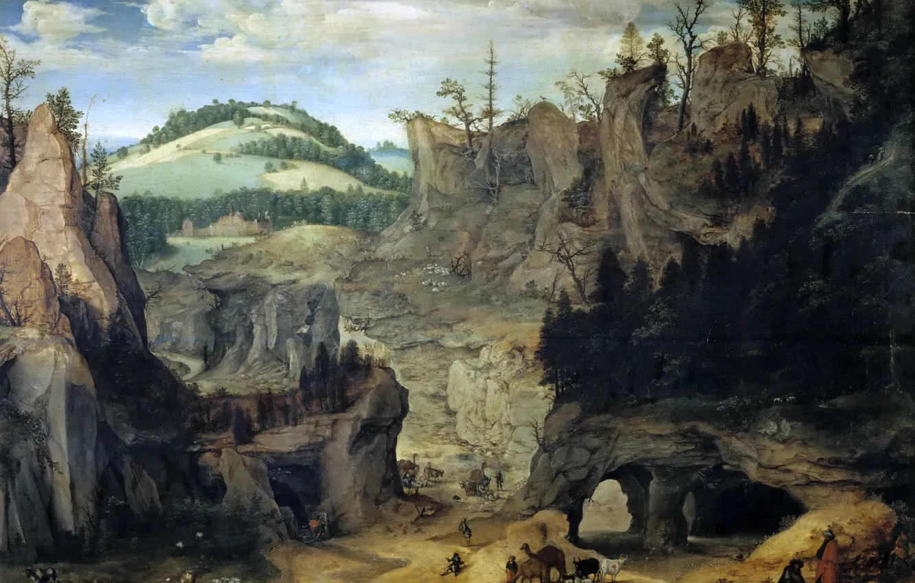 Photo wallpaper trees, mountains, people, rocks, picture, Landscape with Shepherds, Cornelis van Dalem