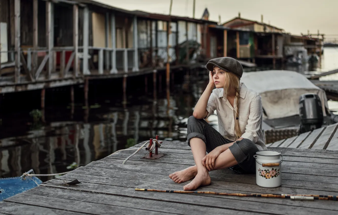 Photo wallpaper girl, pose, model, portrait, hat, blonde, shirt, pitcher