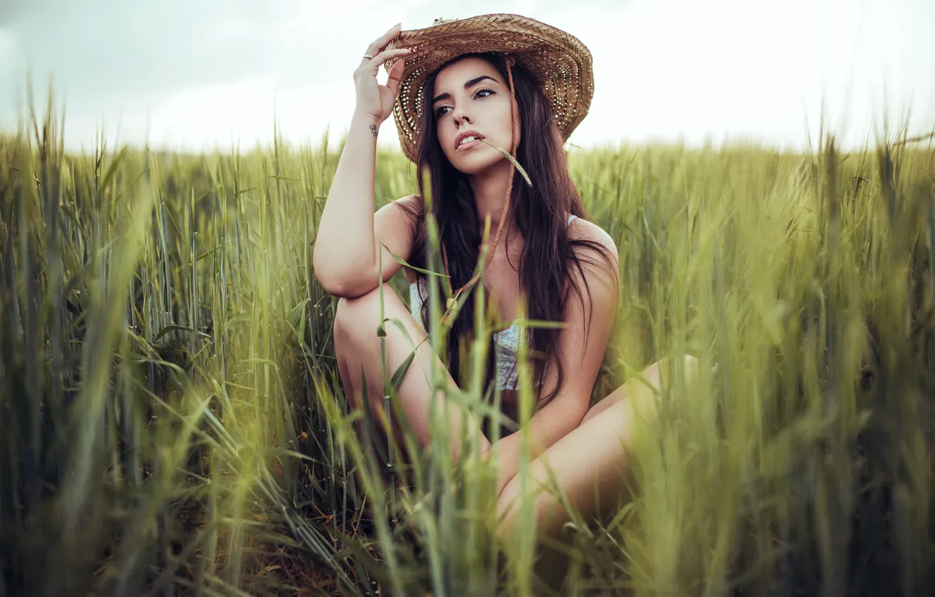 Photo wallpaper field, grass, girl, nature, pose, hat, brunette, Borislav Georgiev