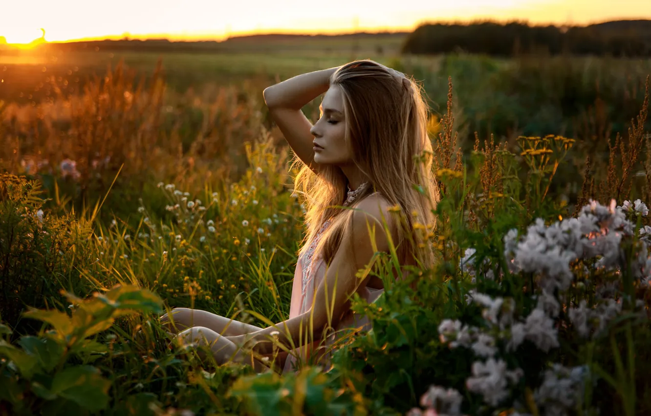 Photo wallpaper field, summer, grass, girl, sunset, ideal, sweetheart, model