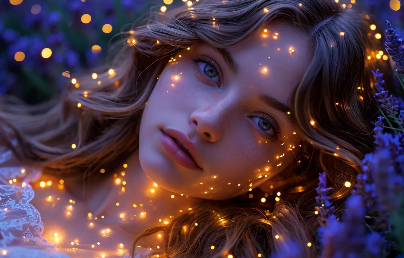 Photo wallpaper girl, fireflies, bokeh