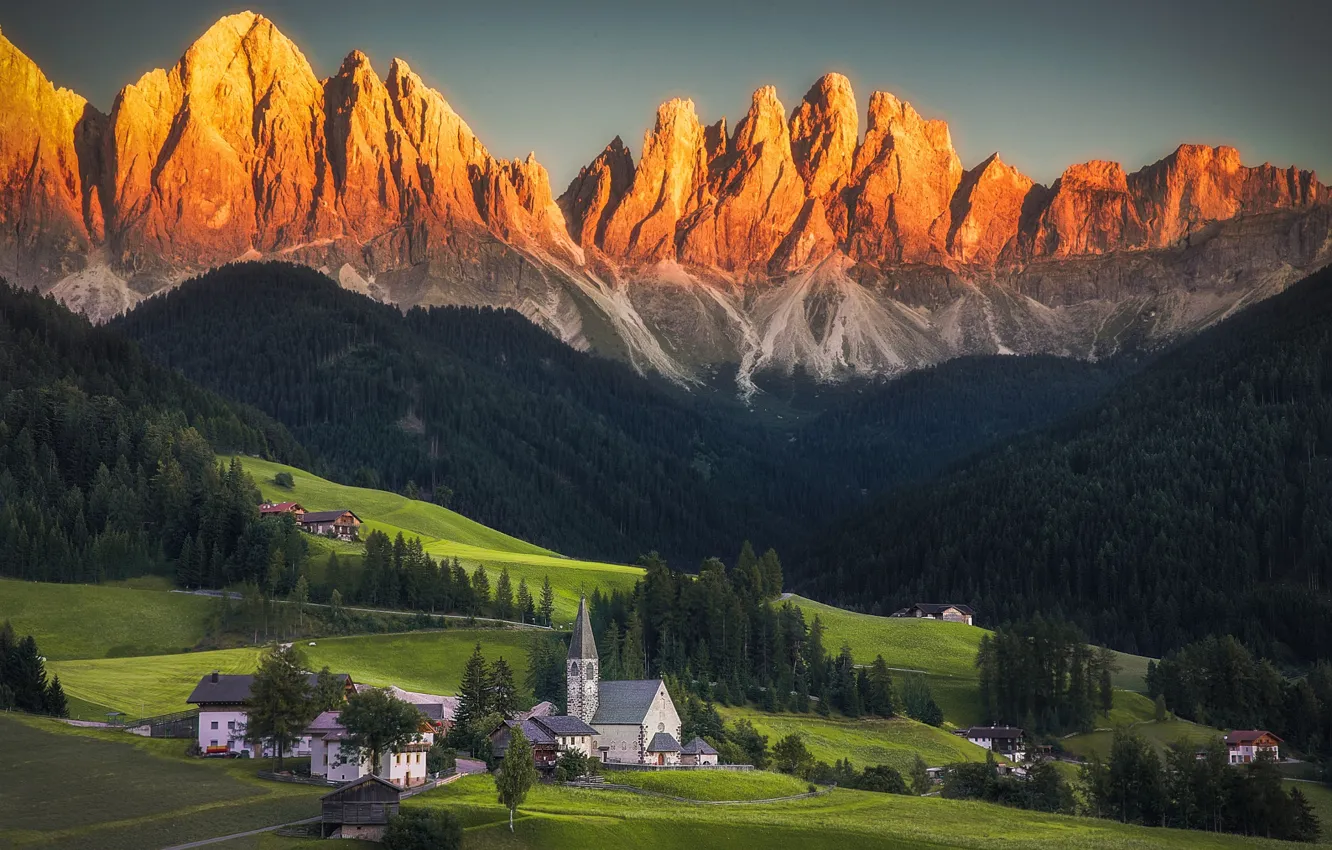 Photo wallpaper forest, mountains, valley, Alps, Italy, Derevnia